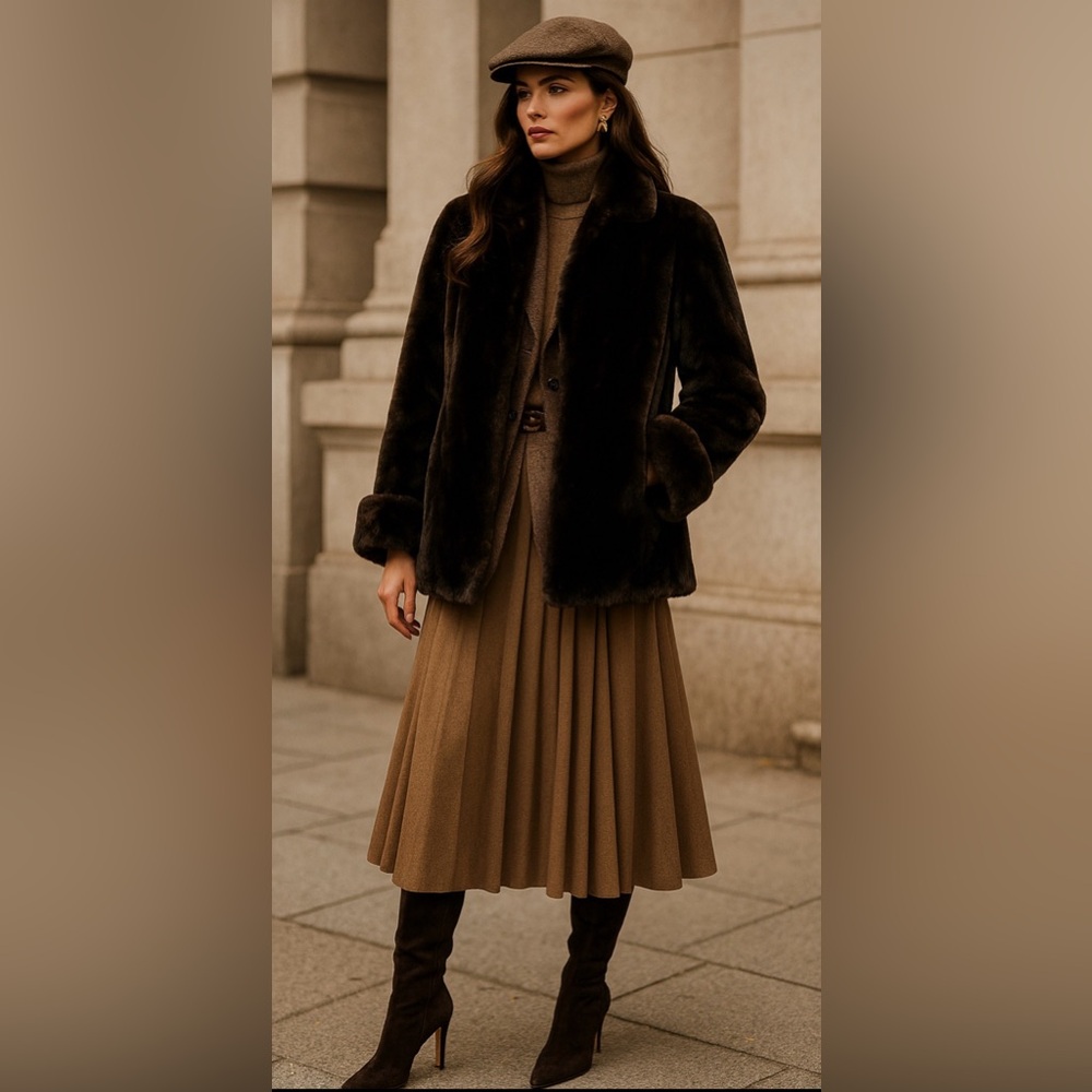 Chocolate Brown Mouton Real Fur Coat M Soft Open Jacket Hip Mid Length Excellent